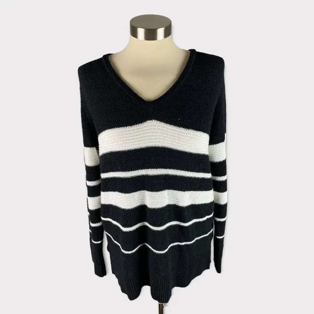 Calvin Klein Womens Medium V Neck Sweater Black White Stripe